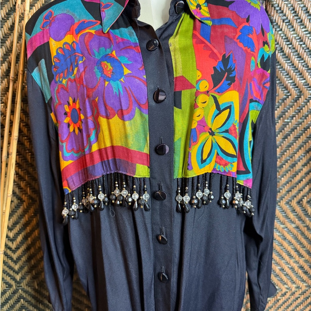 Vibrant Beaded Floral Button-Up Shirt